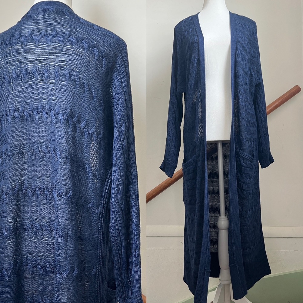 Lauren Ralph Lauren Navy Blue Open Knit Cable Longline Duster Cardigan Size M - Picture 2 of 11